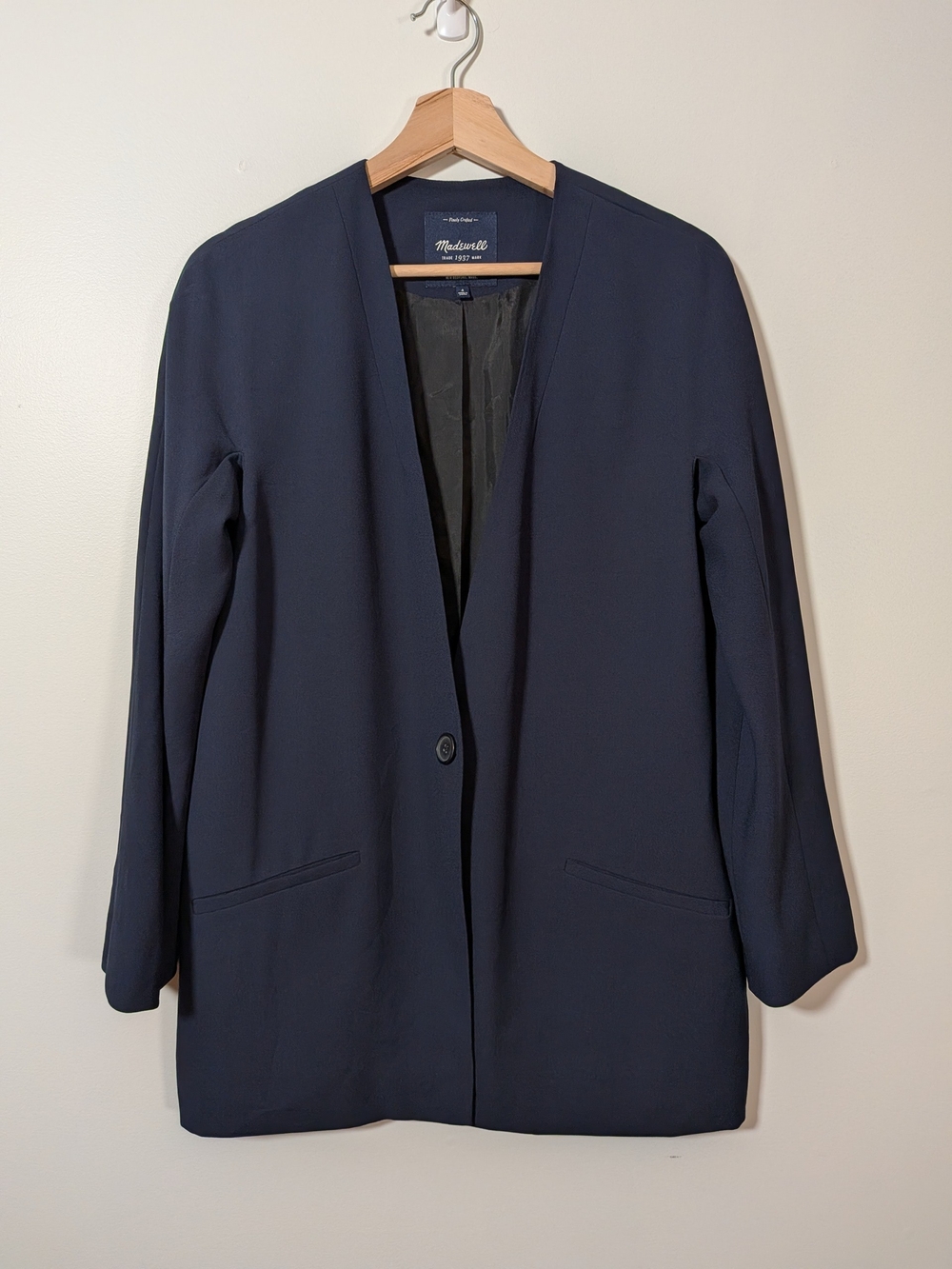 Madewell Collarless Drapey Longline Blazer Navy Blue Single Button Size 4